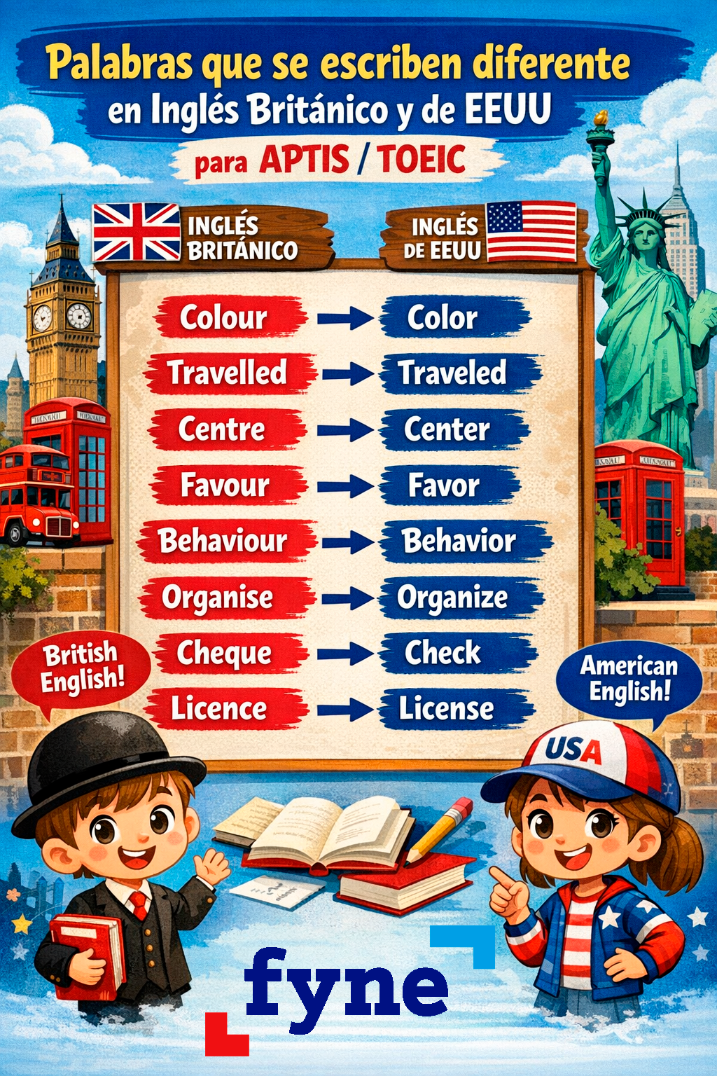 20 Palabras que se escriben diferente en Inglés Británico y de EEUU para APTIS / TOEIC