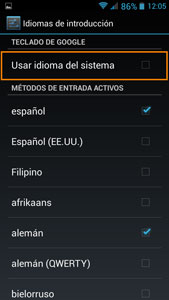 Ventana Android teclado: Usar idioma del sistema