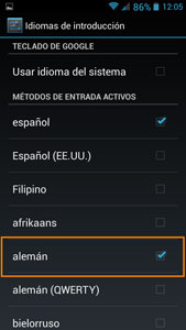Ventana Android teclado: Idioma nuevo deseado